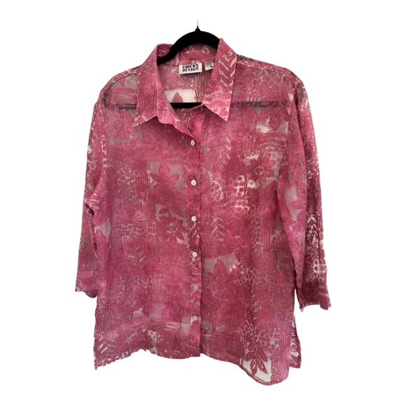 CHICOS Womens Button TOP Long Sleeve PINK Burnout FLORAL Size 3 - Picture 1 of 4